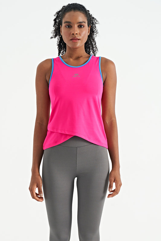 Fuchsia Logo Printed Binding Striped Standard Cut Women's Sports Singlet - 97255