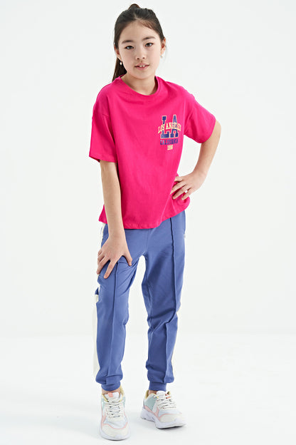Fuchsia Front Back Printed O Collar Oversize Short Sleeve Girls' T-Shirt - 75127