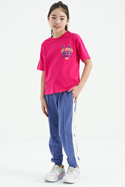 Fuchsia Front Back Printed O Collar Oversize Short Sleeve Girls' T-Shirt - 75127
