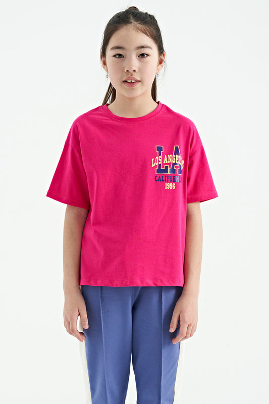 Fuchsia Front Back Printed O Collar Oversize Short Sleeve Girls' T-Shirt - 75127