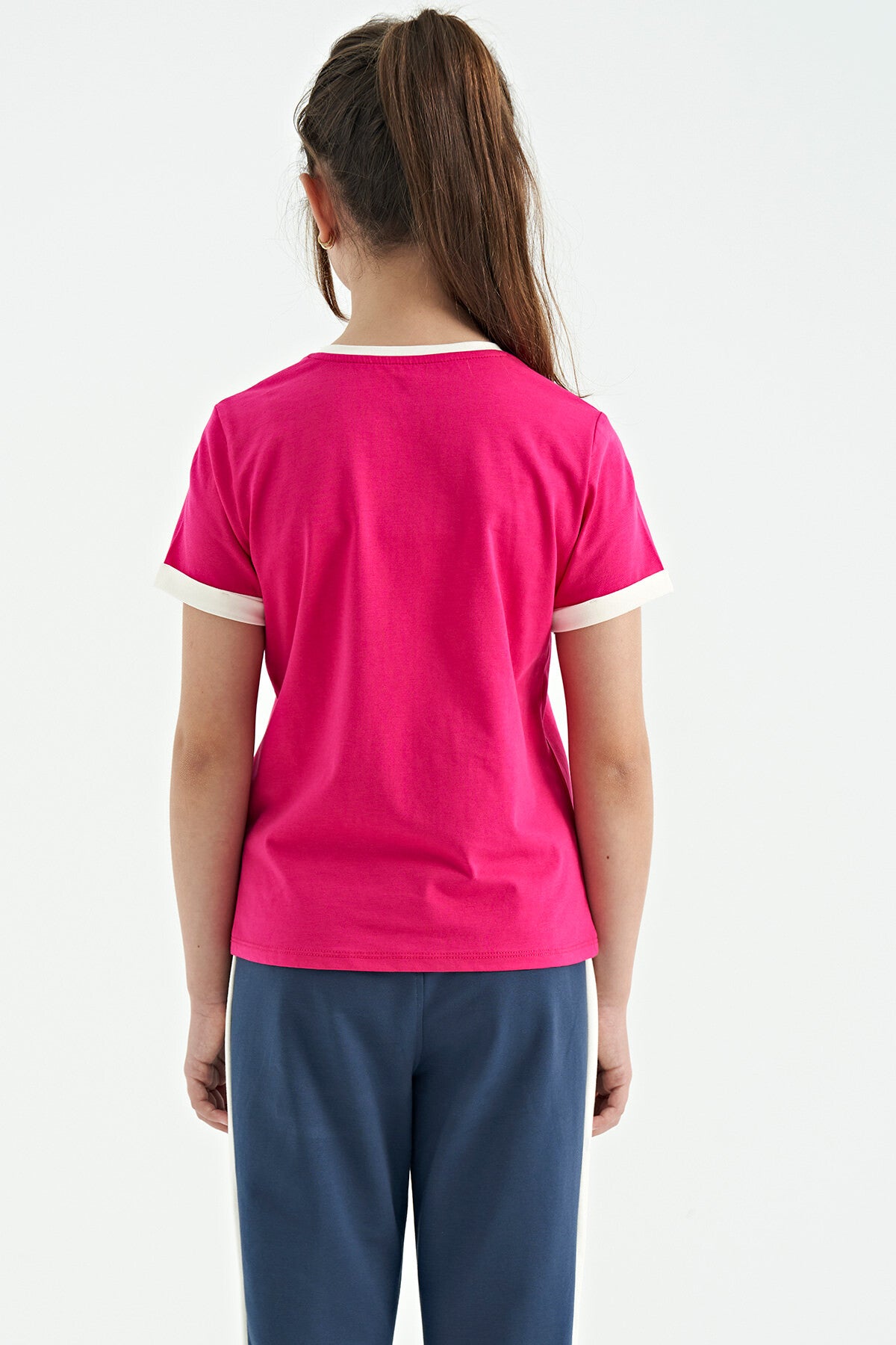 Fuchsia Colored Detailed O Collar Comfort Fit Girls' T-Shirt - 75109