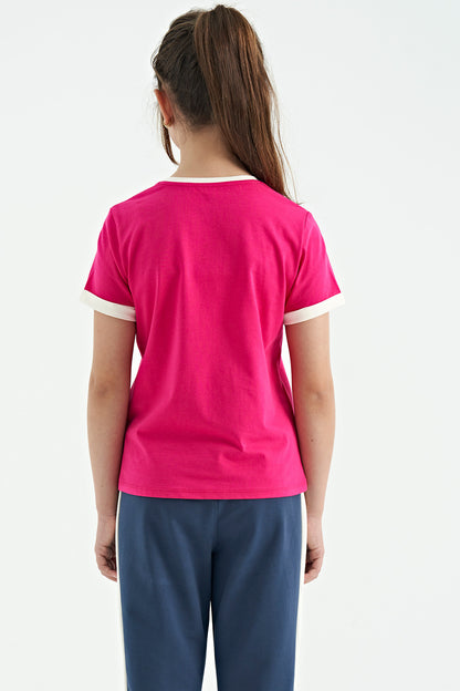 Fuchsia Colored Detailed O Collar Comfort Fit Girls' T-Shirt - 75109