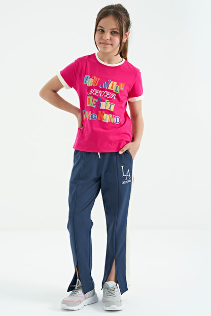 Fuchsia Colored Detailed O Collar Comfort Fit Girls' T-Shirt - 75109