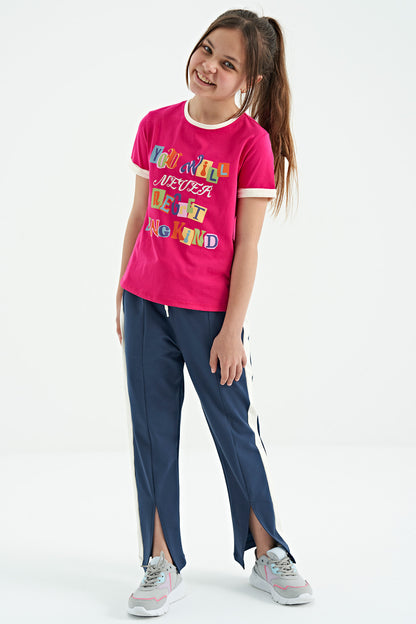 Fuchsia Colored Detailed O Collar Comfort Fit Girls' T-Shirt - 75109