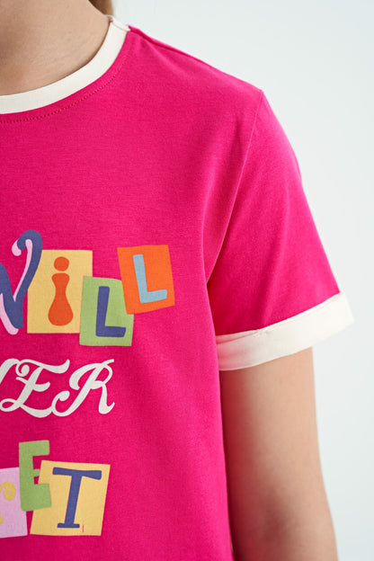 Fuchsia Colored Detailed O Collar Comfort Fit Girls' T-Shirt - 75109