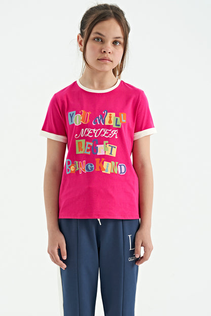 Fuchsia Colored Detailed O Collar Comfort Fit Girls' T-Shirt - 75109