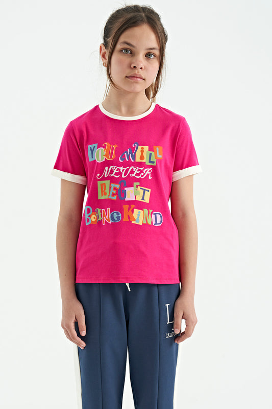 Fuchsia Colored Detailed O Collar Comfort Fit Girls' T-Shirt - 75109