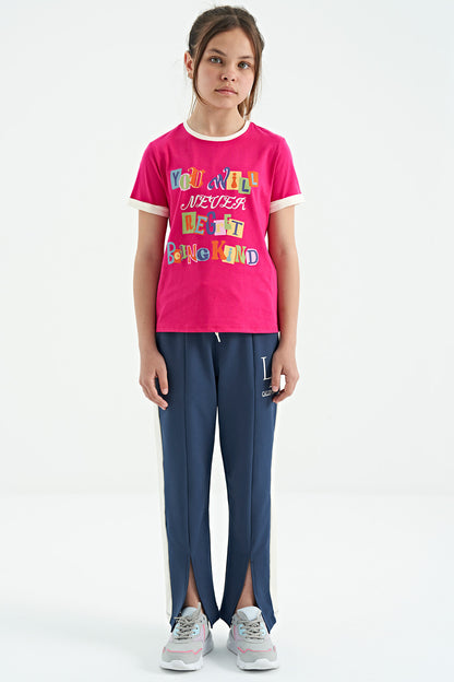 Fuchsia Colored Detailed O Collar Comfort Fit Girls' T-Shirt - 75109