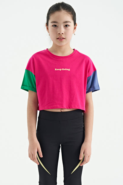 Fuchsia Print O Collar Low Shoulder Oversize Girls' T-Shirt - 75130
