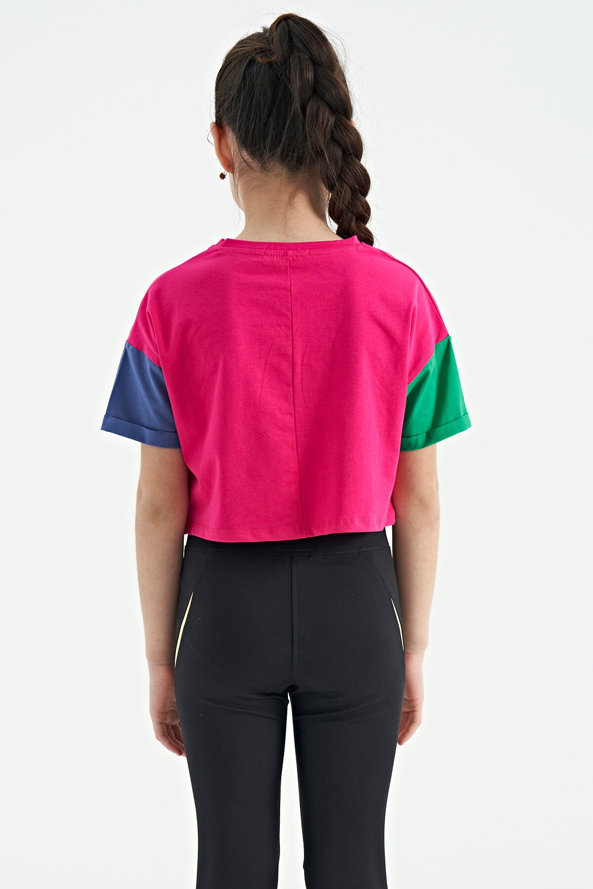 Fuchsia Print O Collar Low Shoulder Oversize Girls' T-Shirt - 75130