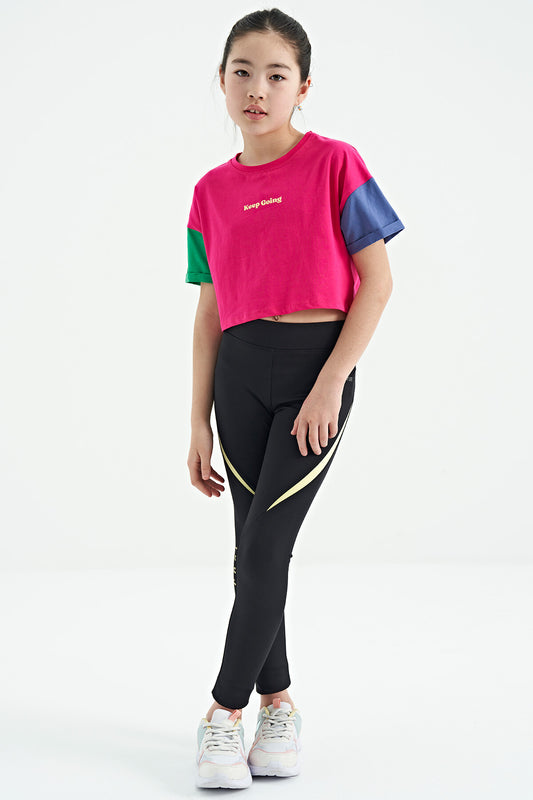 Fuchsia Print O Collar Low Shoulder Oversize Girls' T-Shirt - 75130