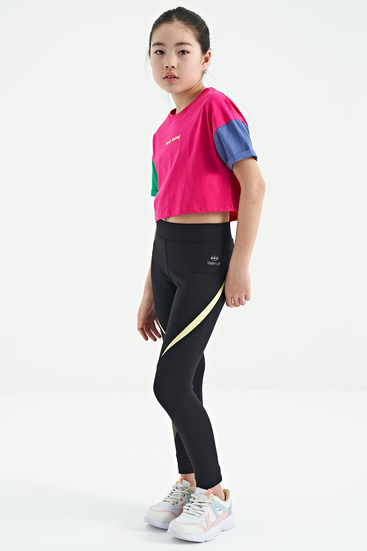 Fuchsia Print O Collar Low Shoulder Oversize Girls' T-Shirt - 75130