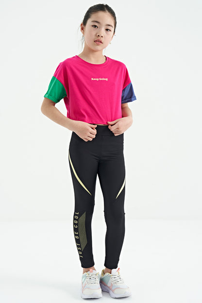 Fuchsia Print O Collar Low Shoulder Oversize Girls' T-Shirt - 75130