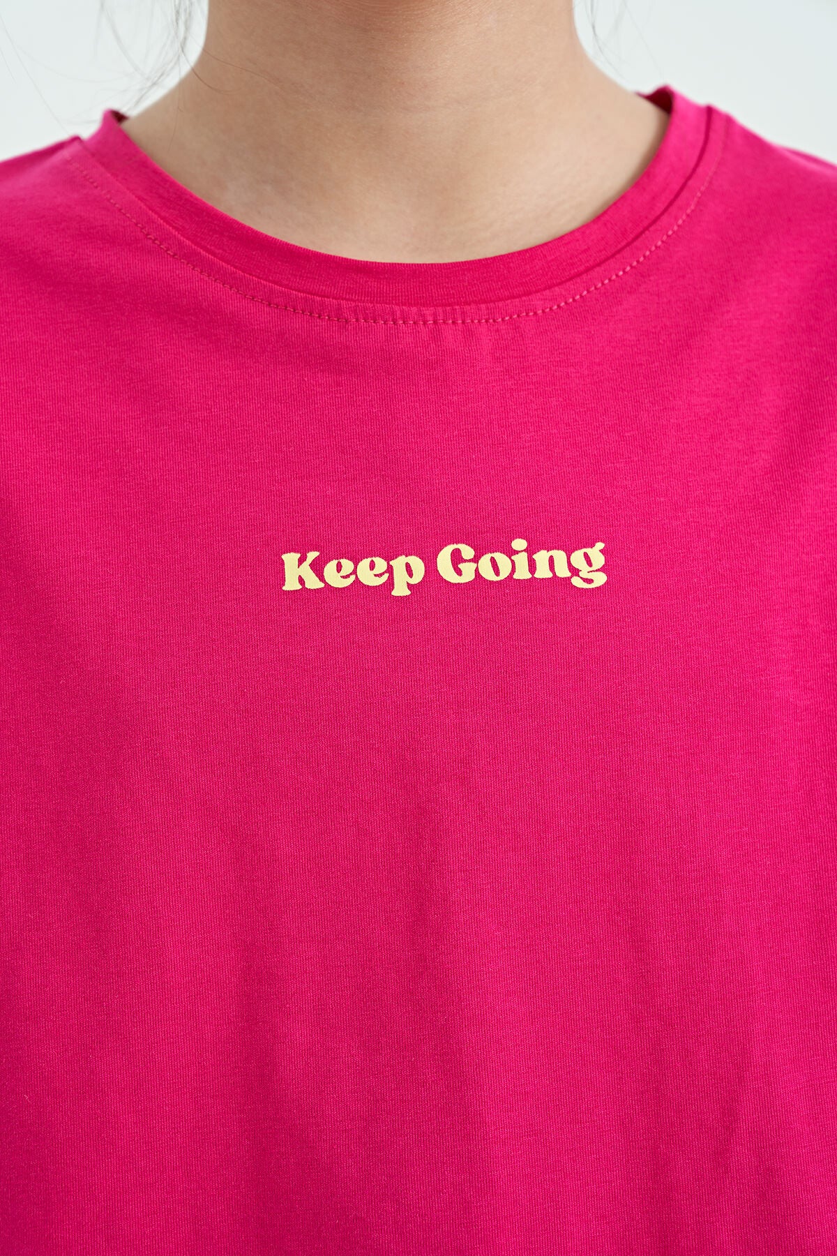 Fuchsia Print O Collar Low Shoulder Oversize Girls' T-Shirt - 75130