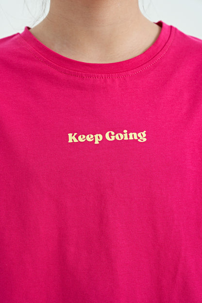 Fuchsia Print O Collar Low Shoulder Oversize Girls' T-Shirt - 75130