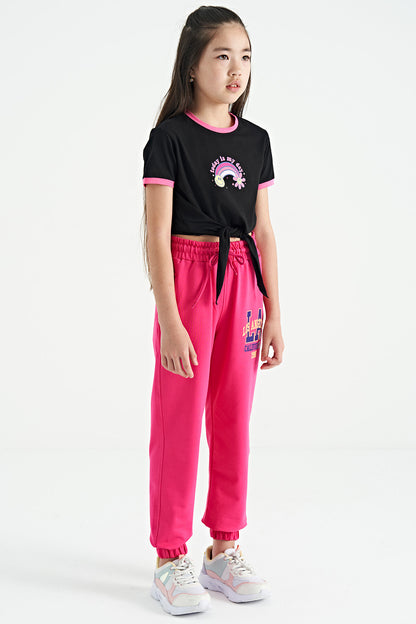 Pink Embroidered Standard Cut Jogger Girls' Tracksuit Bottom - 75120
