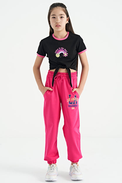 Pink Embroidered Standard Cut Jogger Girls' Tracksuit Bottom - 75120