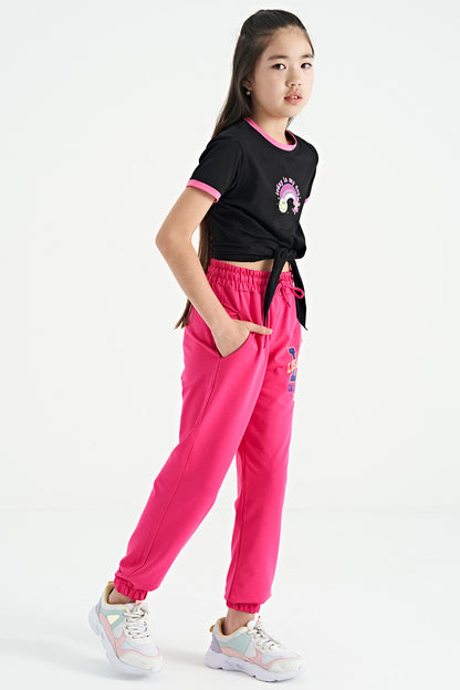Pink Embroidered Standard Cut Jogger Girls' Tracksuit Bottom - 75120