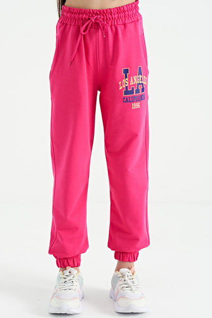 Pink Embroidered Standard Cut Jogger Girls' Tracksuit Bottom - 75120