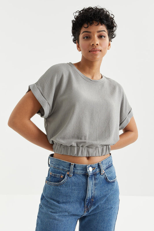 Gri Basic O Collar Beli Elastane Bürümcük Fabric Women's Crop Top T-Shirt - 97227