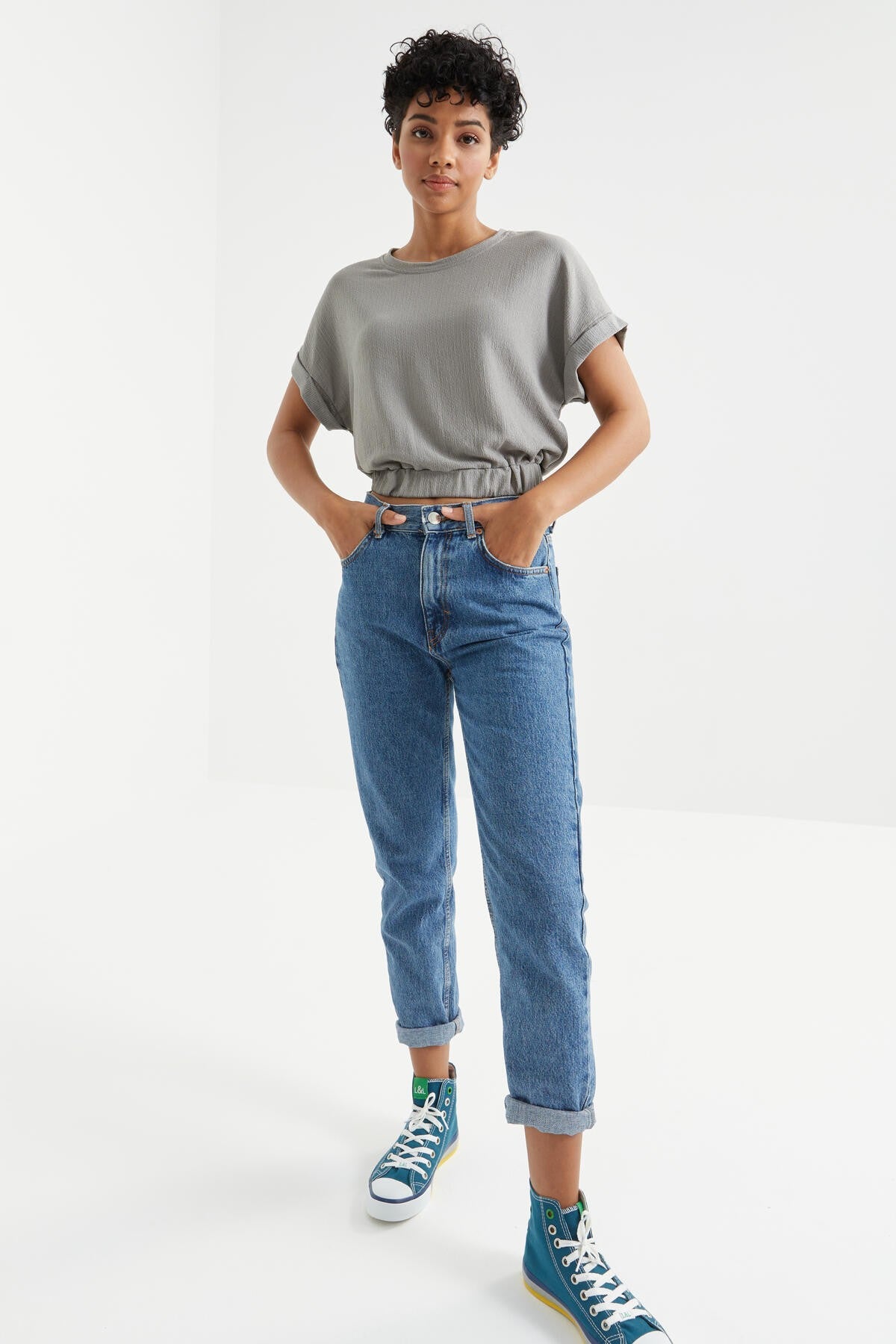 Gri Basic O Collar Beli Elastane Bürümcük Fabric Women's Crop Top T-Shirt - 97227