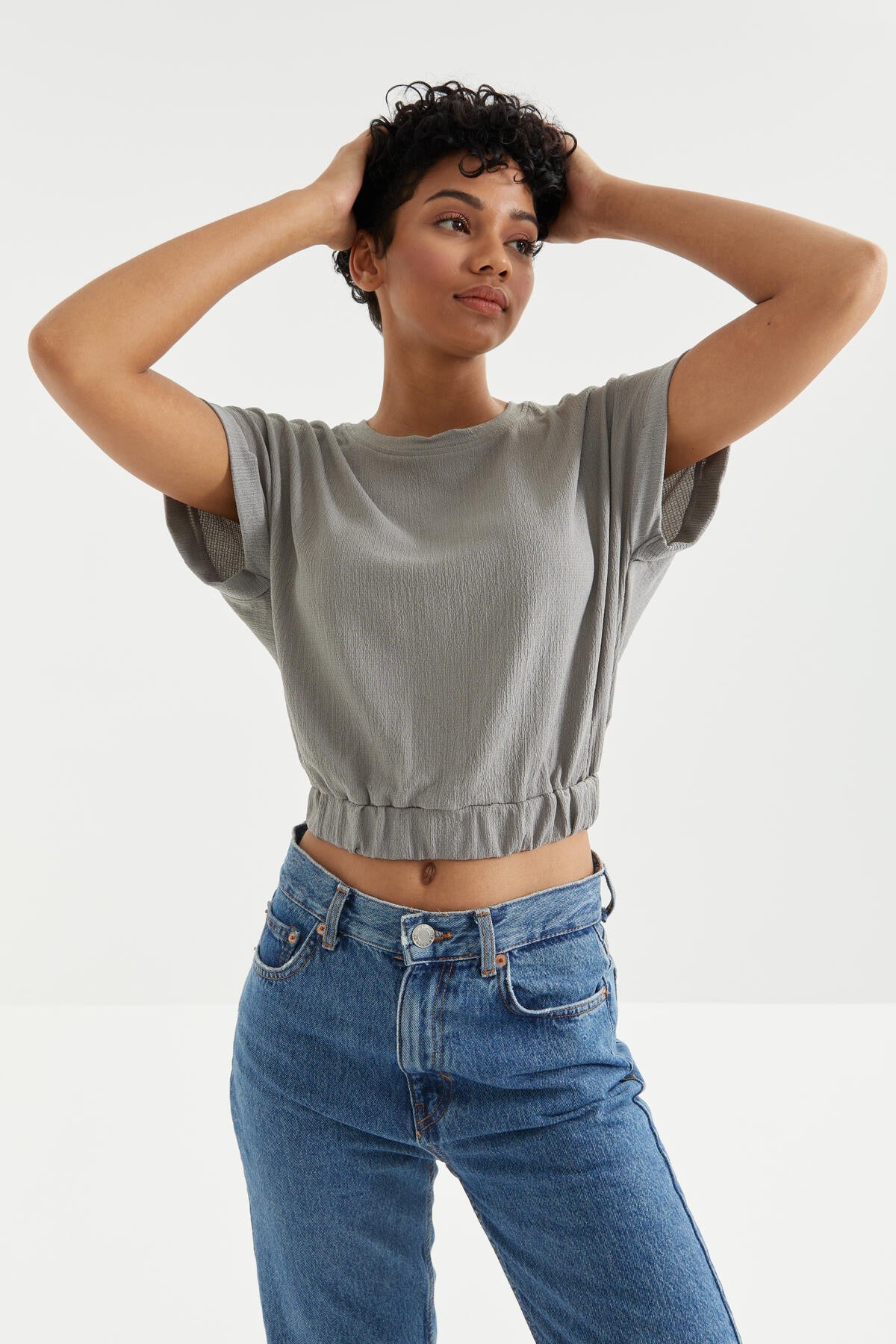 Gri Basic O Collar Beli Elastane Bürümcük Fabric Women's Crop Top T-Shirt - 97227