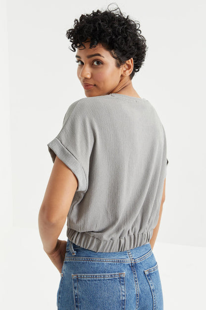 Gri Basic O Collar Beli Elastane Bürümcük Fabric Women's Crop Top T-Shirt - 97227