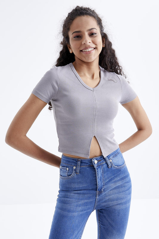 Gri Basic Front Slit V Neck Women's Crop Top T-Shirt - 97206