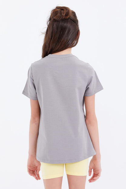 Gri Basic Print Round Neck Comfort Fit Girls T-Shirt - 75041
