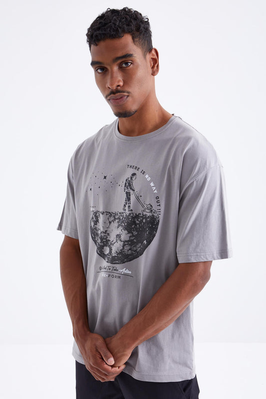 Gray Printed O Collar Men's Oversize T-Shirt - 88098