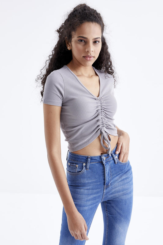 Grey Pleated Detailed V Neck Women's Crop Top T-Shirt - 97205