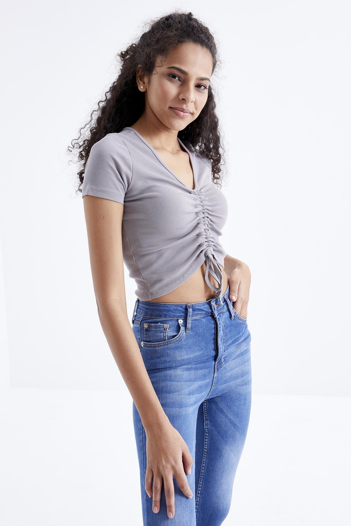 Grey Pleated Detailed V Neck Women's Crop Top T-Shirt - 97205