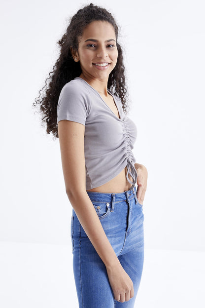 Grey Pleated Detailed V Neck Women's Crop Top T-Shirt - 97205