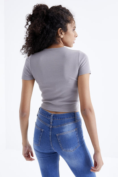 Grey Pleated Detailed V Neck Women's Crop Top T-Shirt - 97205