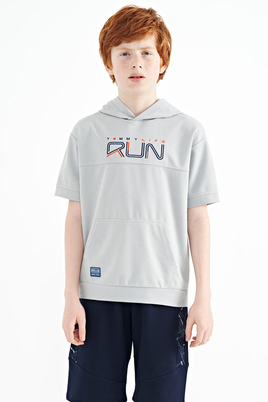 Gri Kangaroo Pocket Hooded Oversize Boys T-Shirt - 11160