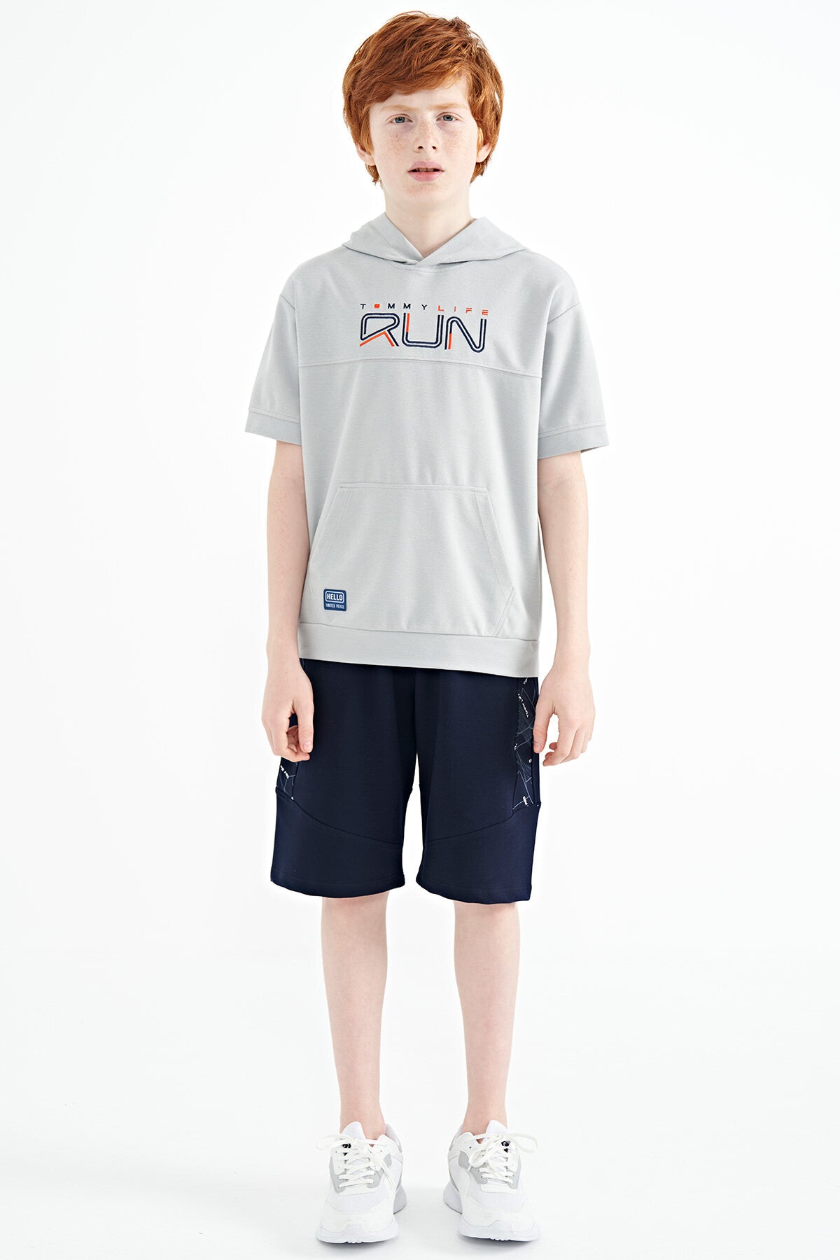 Gri Kangaroo Pocket Hooded Oversize Boys T-Shirt - 11160