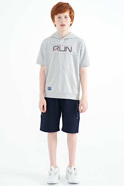 Gri Kangaroo Pocket Hooded Oversize Boys T-Shirt - 11160