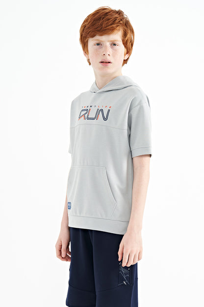 Gri Kangaroo Pocket Hooded Oversize Boys T-Shirt - 11160