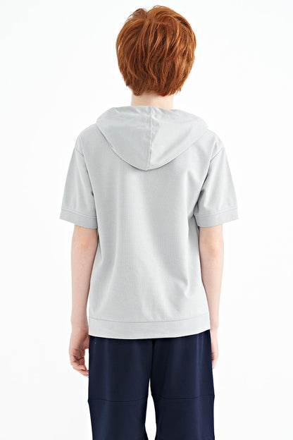 Gri Kangaroo Pocket Hooded Oversize Boys T-Shirt - 11160