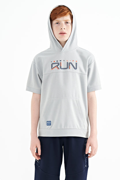 Gri Kangaroo Pocket Hooded Oversize Boys T-Shirt - 11160