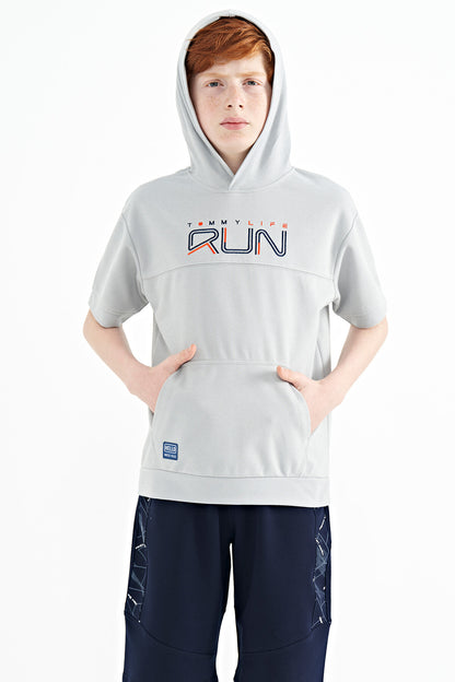 Gri Kangaroo Pocket Hooded Oversize Boys T-Shirt - 11160