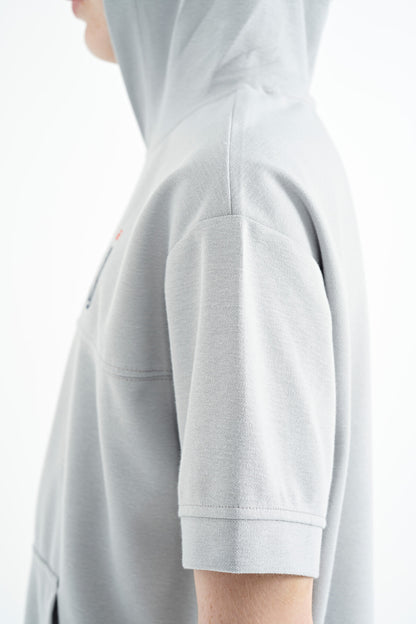 Gri Kangaroo Pocket Hooded Oversize Boys T-Shirt - 11160