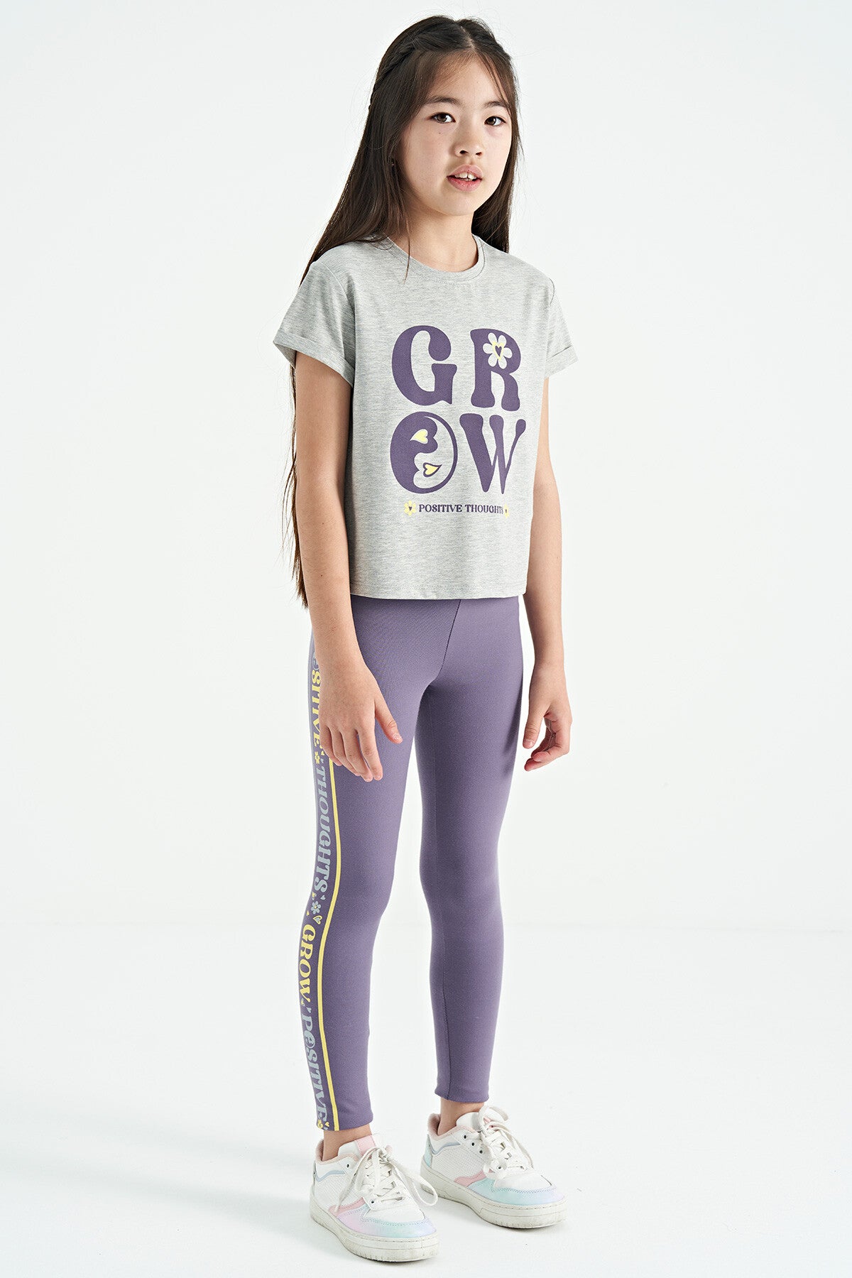 Grey - Light Lavender Print Detailed O Collar Girl's Tights Set - 75134