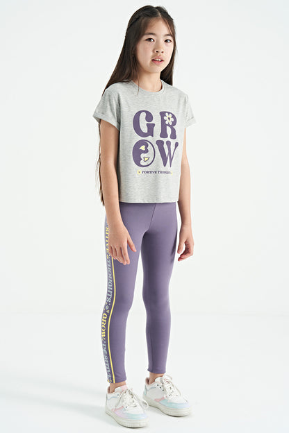 Grey - Light Lavender Print Detailed O Collar Girl's Tights Set - 75134