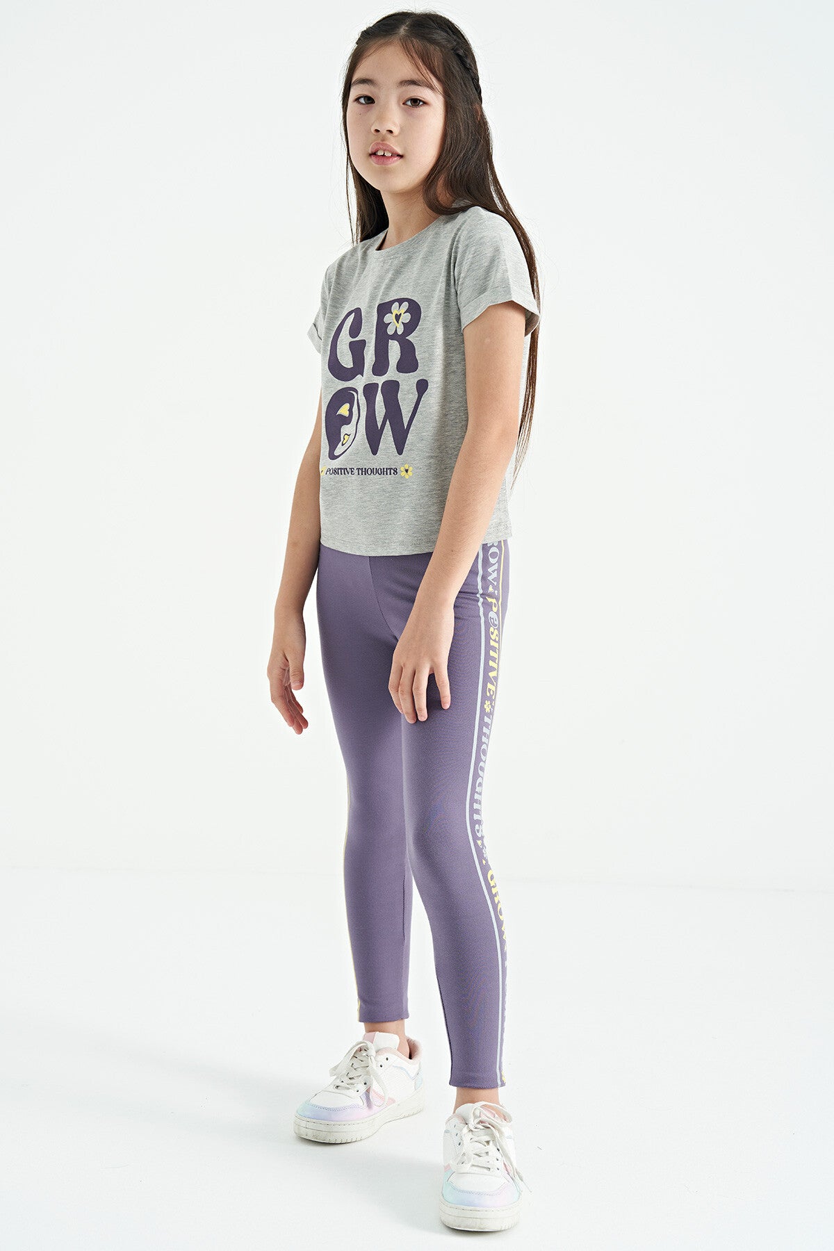 Grey - Light Lavender Print Detailed O Collar Girl's Tights Set - 75134