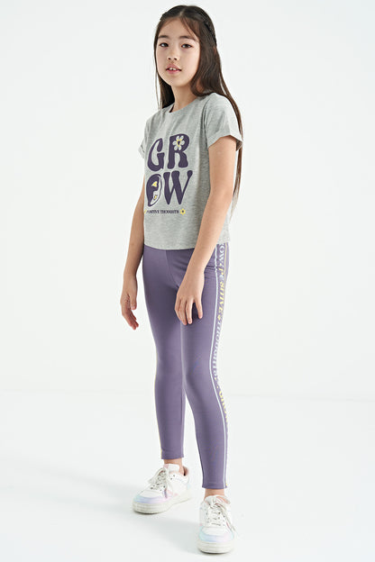 Grey - Light Lavender Print Detailed O Collar Girl's Tights Set - 75134