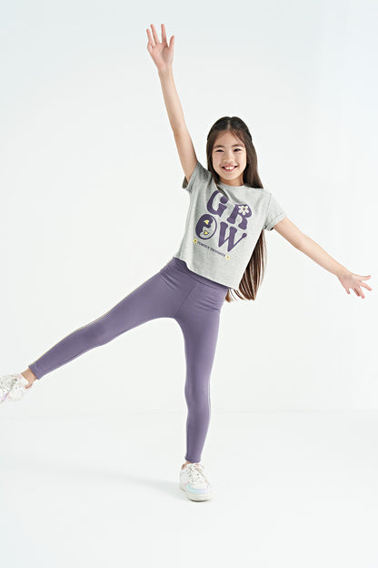 Grey - Light Lavender Print Detailed O Collar Girl's Tights Set - 75134