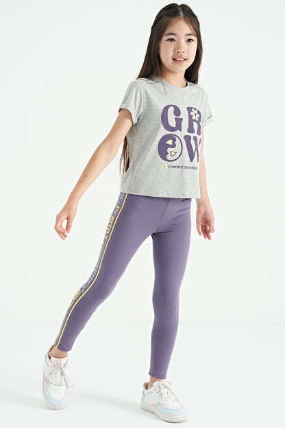 Grey - Light Lavender Print Detailed O Collar Girl's Tights Set - 75134