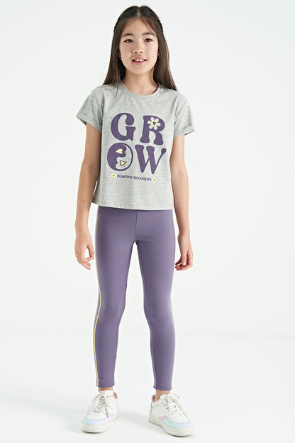 Grey - Light Lavender Print Detailed O Collar Girl's Tights Set - 75134