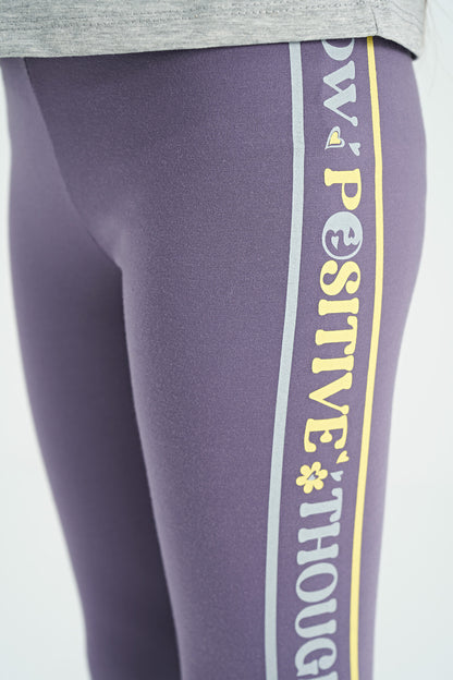 Grey - Light Lavender Print Detailed O Collar Girl's Tights Set - 75134